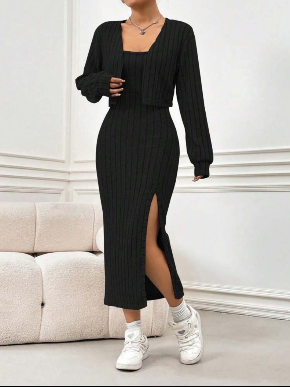 SHEIN Black Ribbed Midi Skirt with Side Slit and Matching Crop Cardigan
